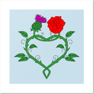 Celtic knotwork stems with red rose, thistle and heart Posters and Art